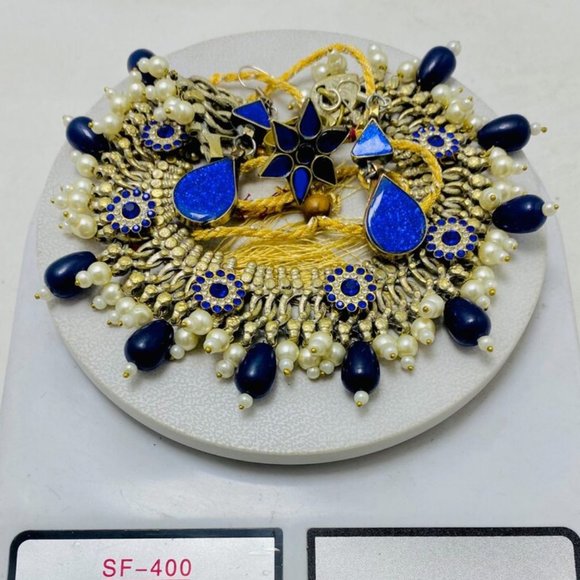 Silver Kuchi Jewelry Set With Blue Glass Stones, Vintage Boho Kuchi Handmade Tri - Picture 8 of 15